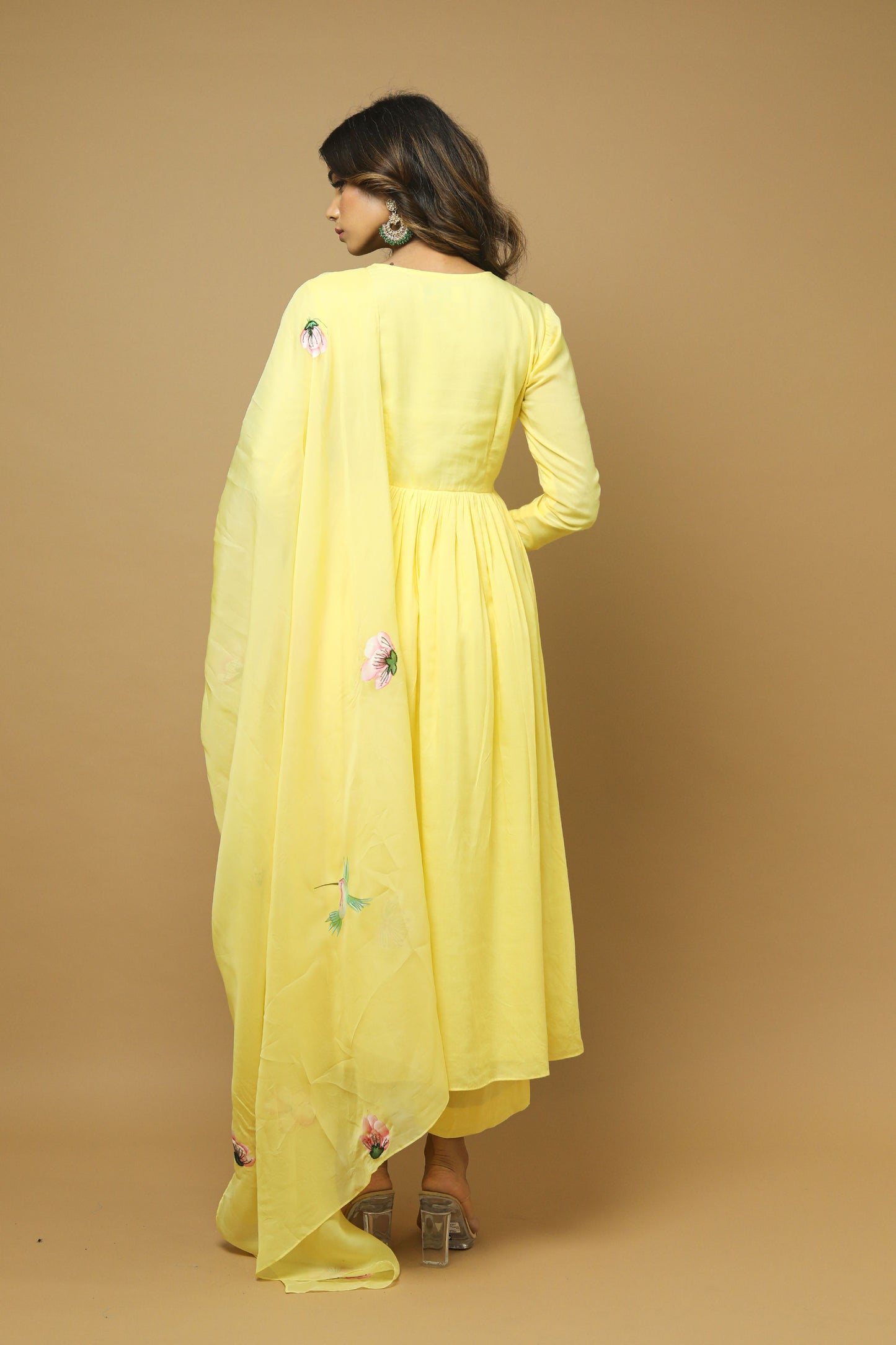 Yellow Anarkali Suit With Hand Painted Dupatta (Set Of 3)