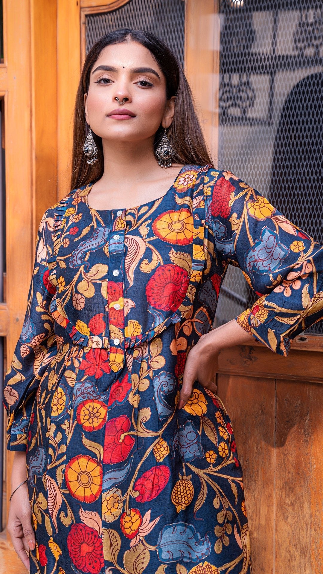 Aniya Kalamkari Silk Kurta + Pants - Dark Blue