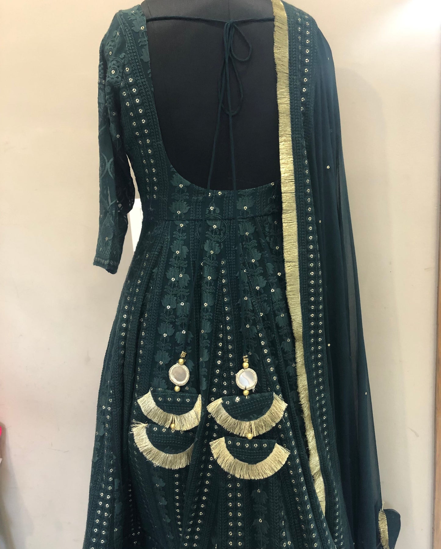 Bottle Green Chikankari Anarkali Set (Set Of 3)