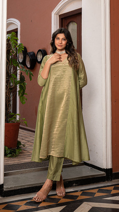 Aarjavee - Green Golden Tissue Chanderi Anarkali Kurta Set