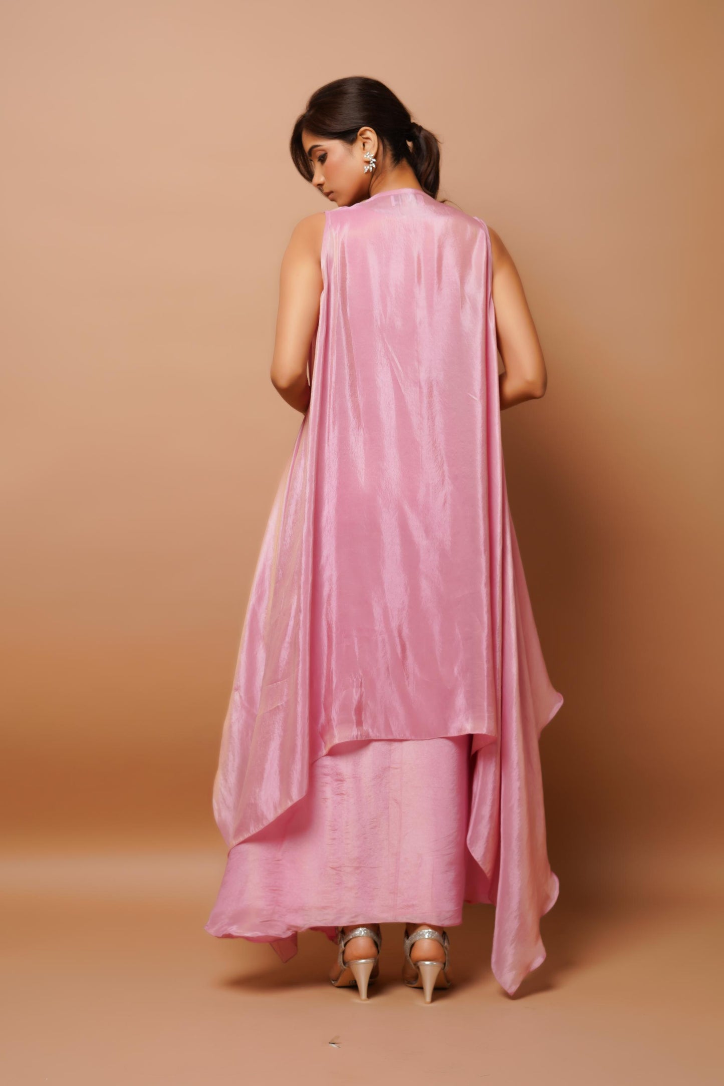 Pink Shimmer Draped Skirt Set (Set Of 3)