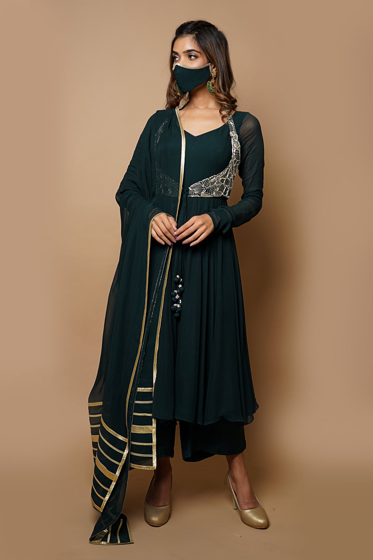 Bottle Green Anarkali Suit Set ( Set Of 4)