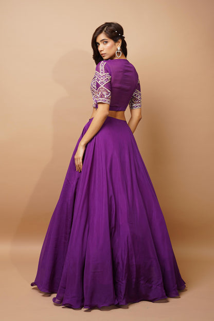 Dark Purple Organza Indo Lehenga Set (Set Of 2)