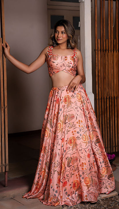 Floral Fantasy Silk Lehenga Set - Peach