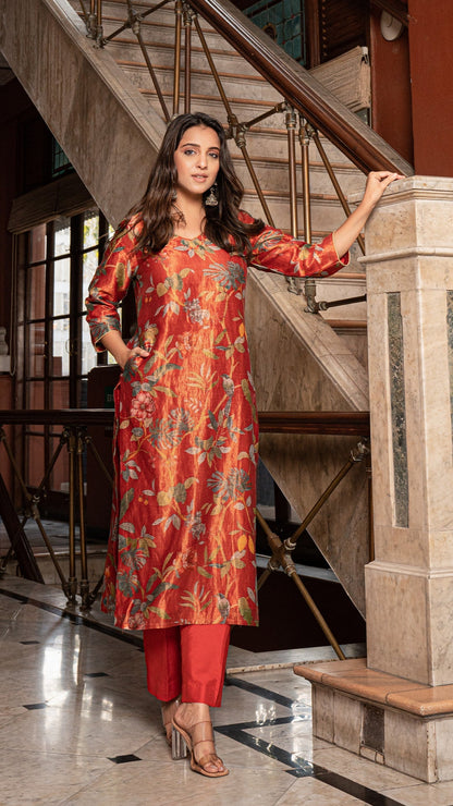 Maryam - Rust Pure Tissue Printed Kurta Set