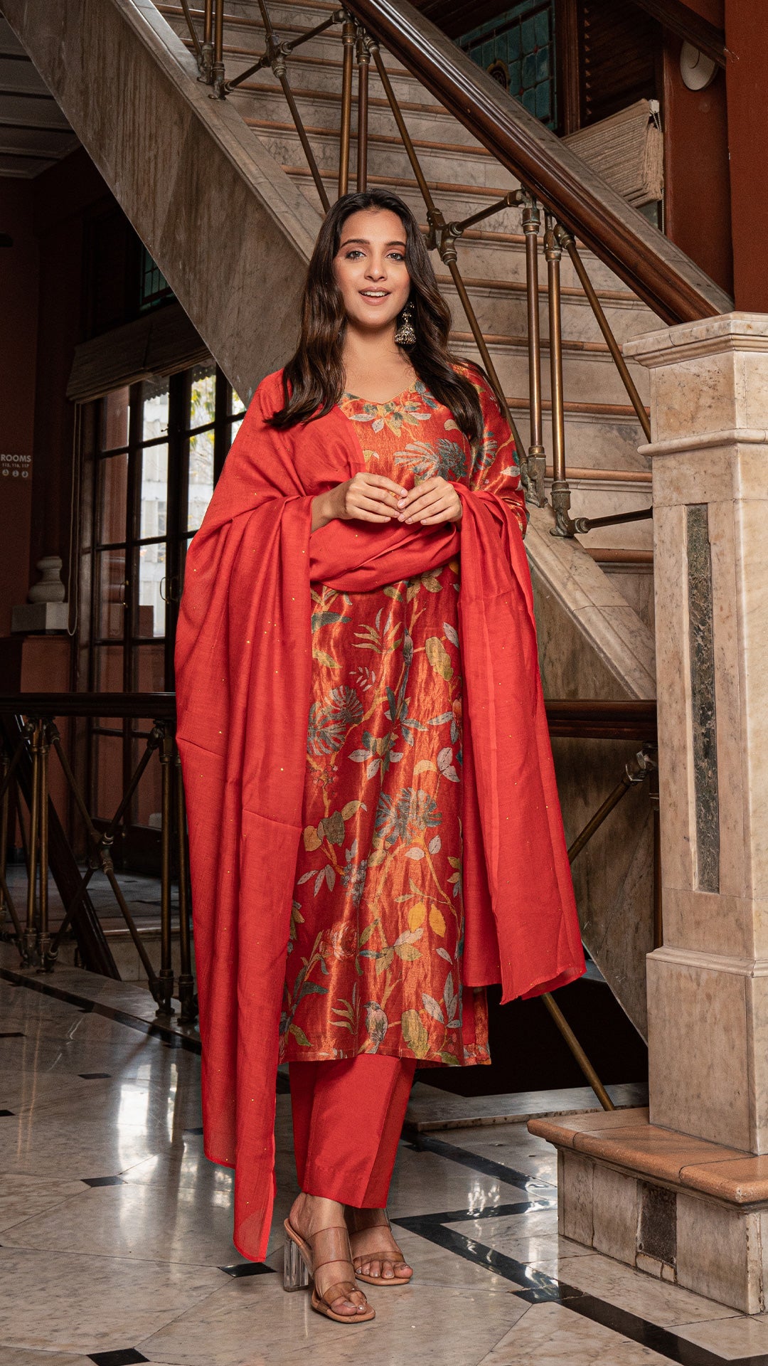 Maryam - Rust Pure Tissue Printed Kurta Set