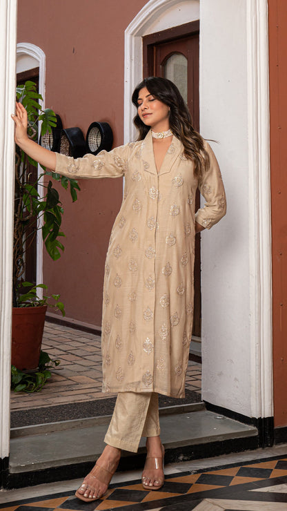 Neisha - Beige Embroidered Chanderi Co-ord Set