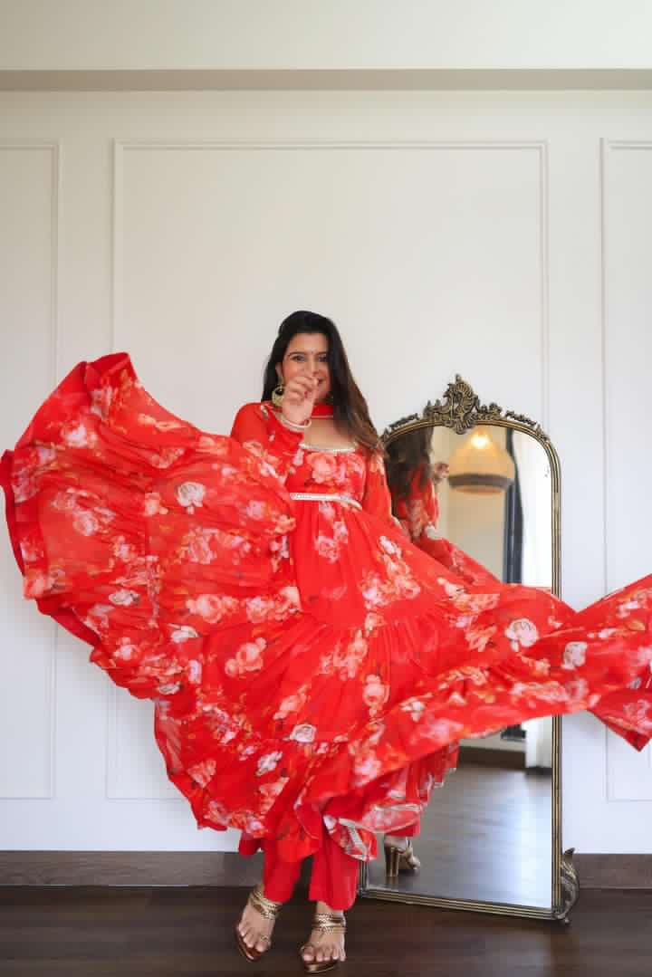 Crimson Red Floral Anarkali