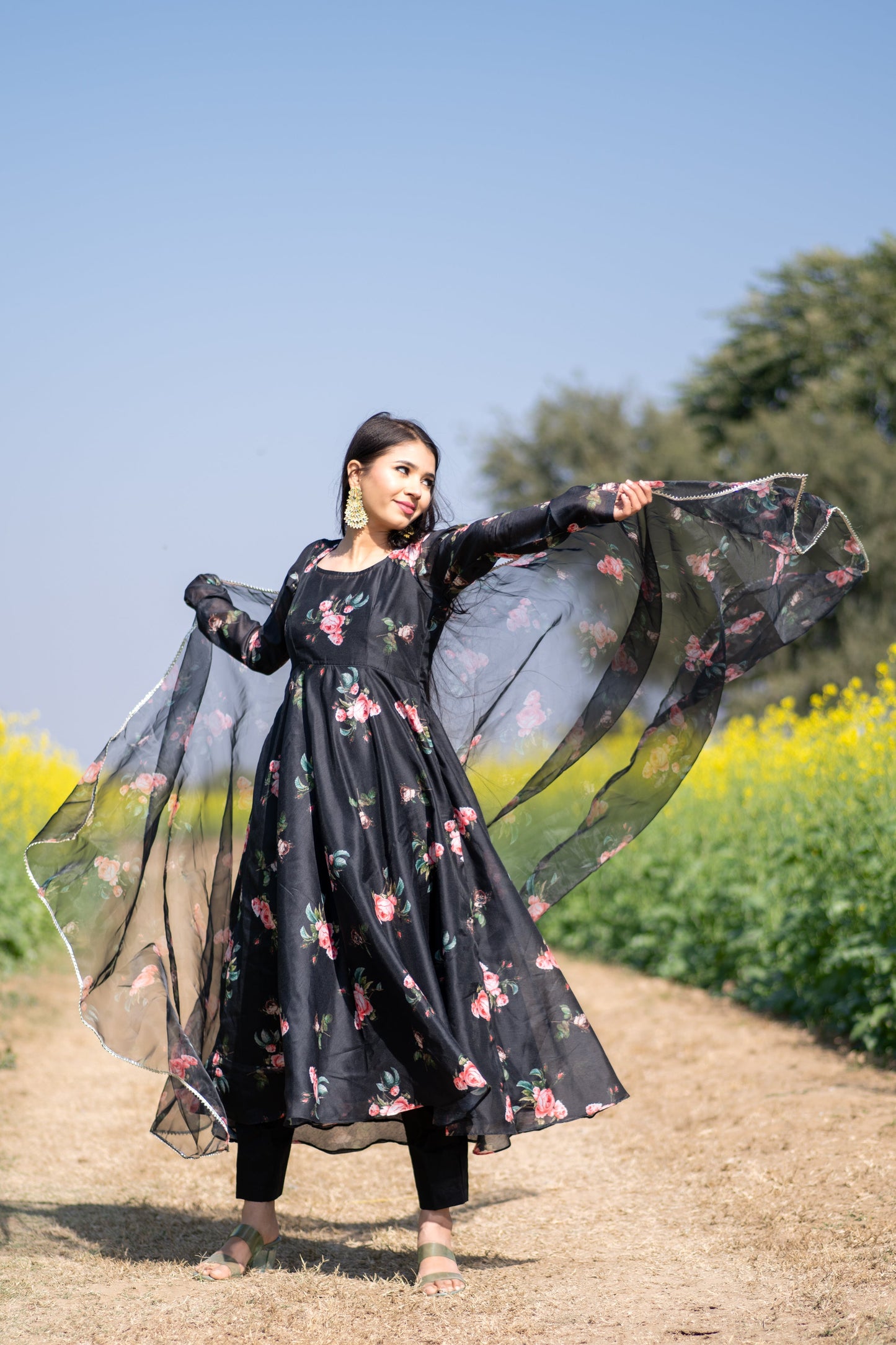 Black Floral Printed Anarkali