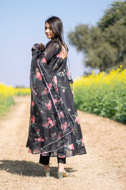 Black Floral Printed Anarkali