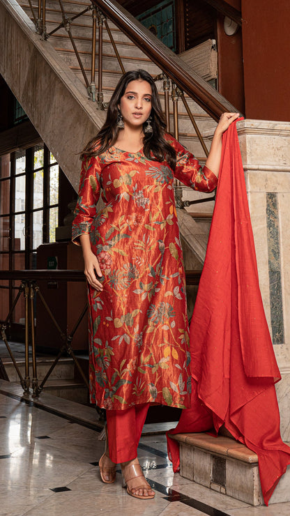 Maryam - Rust Pure Tissue Printed Kurta Set