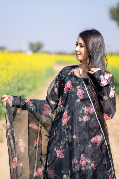 Black Floral Printed Anarkali