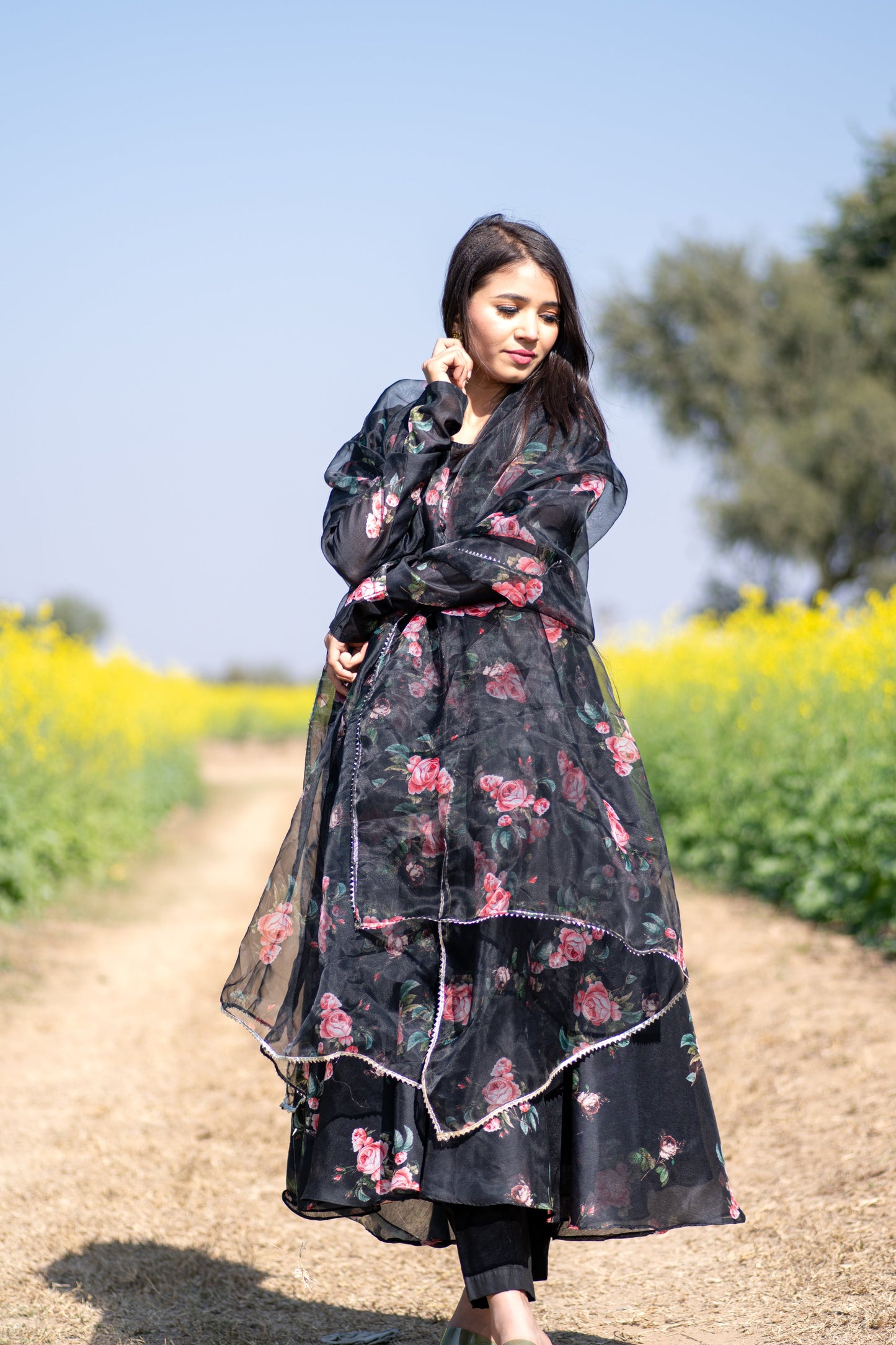 Black Floral Printed Anarkali