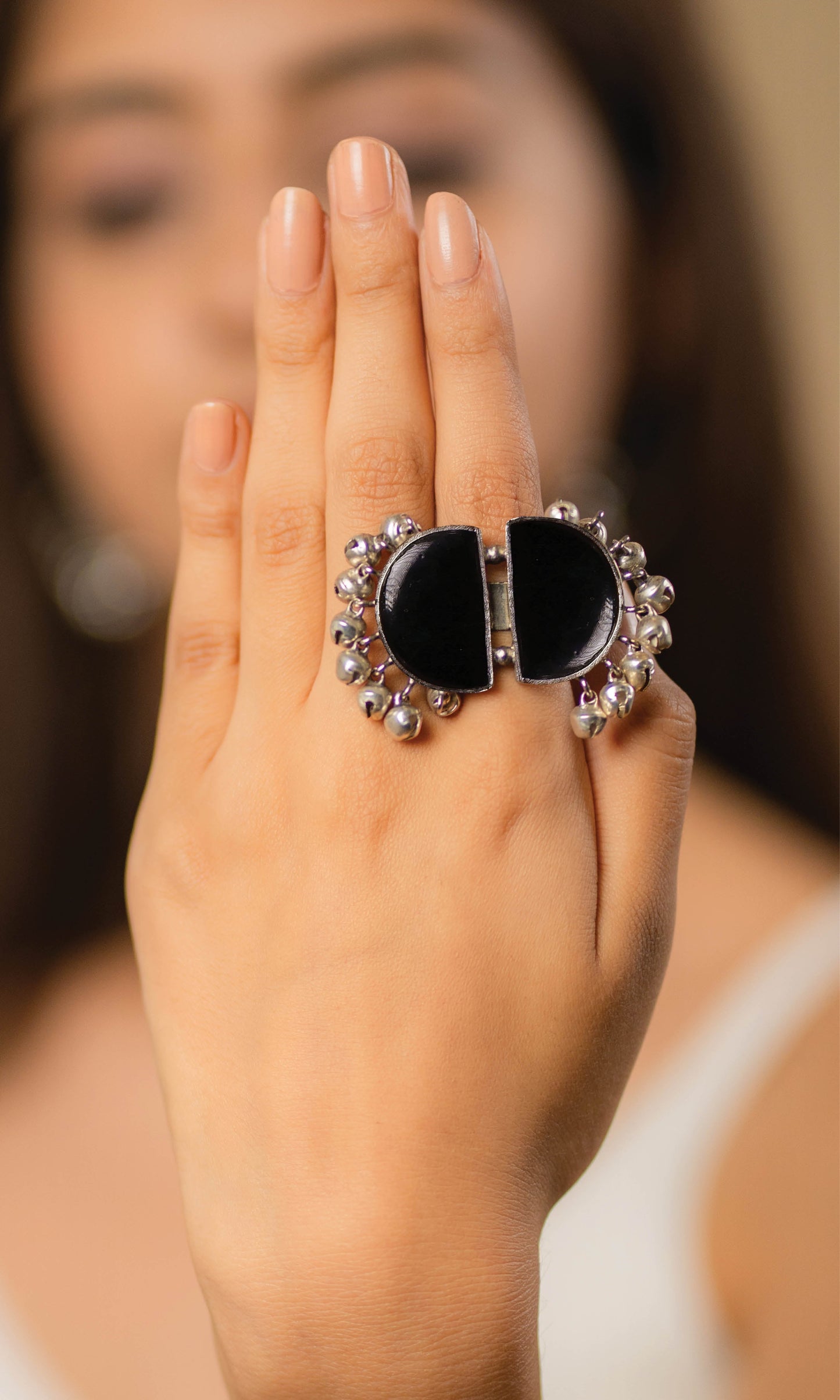 Classic Half Moon Earrings & Ring Combo - Black