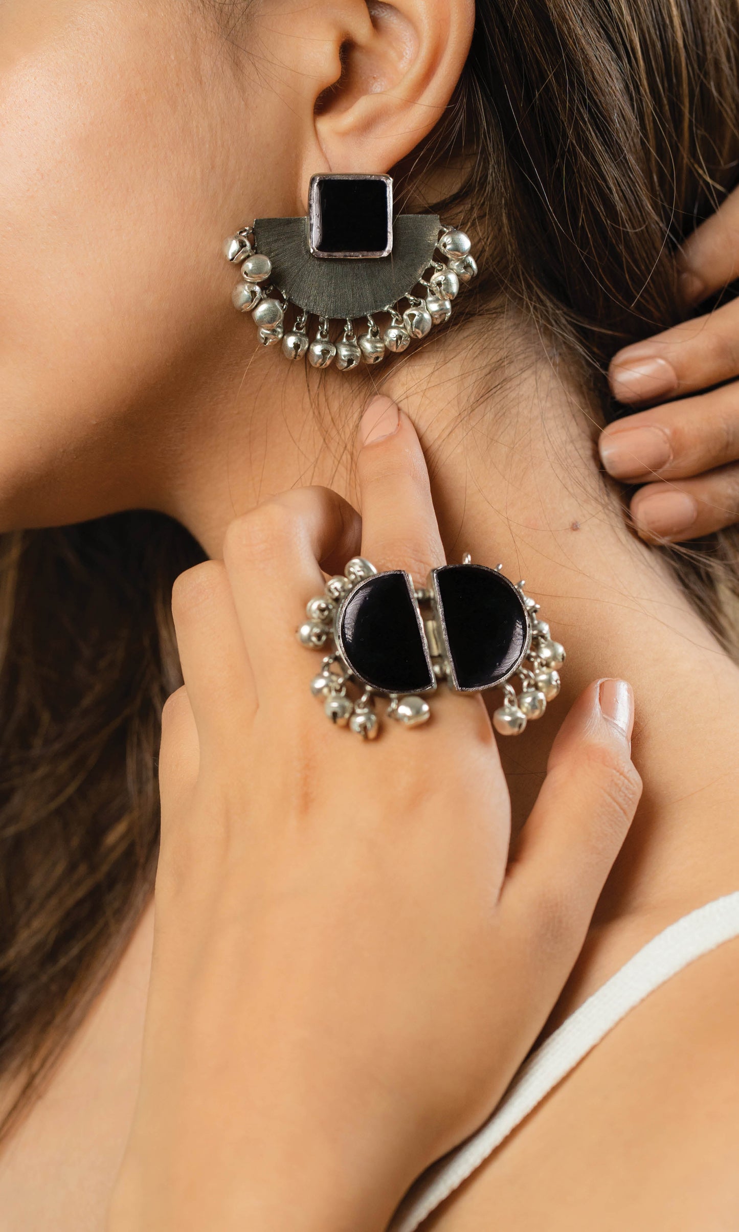 Classic Half Moon Earrings & Ring Combo - Black