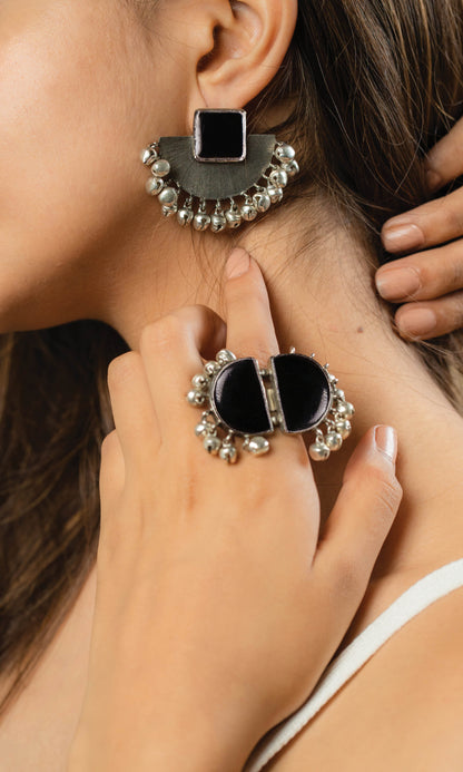 Classic Half Moon Earrings & Ring Combo - Black