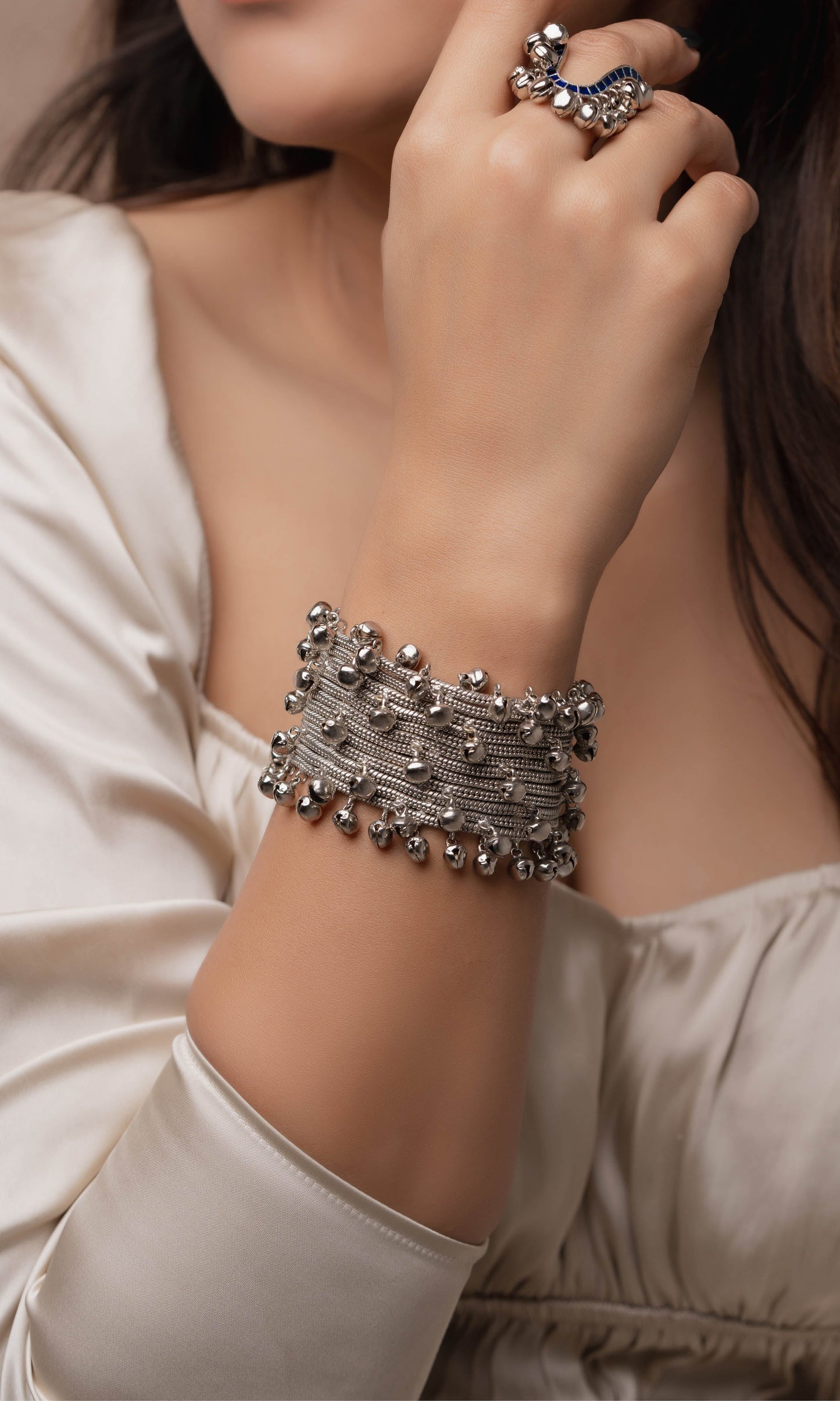 Broad Ghungroo Bracelet & Noor Ring Combo