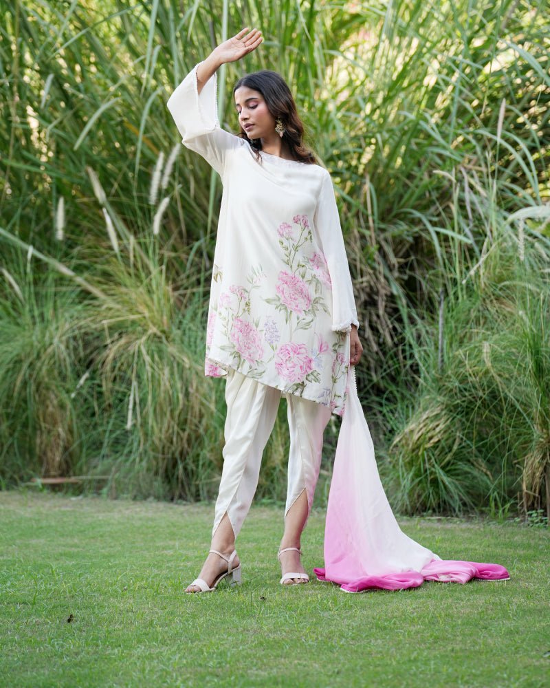 Printed off white kurta and dhoti with hand embroidered neck line and sleeves with ombre dupatta