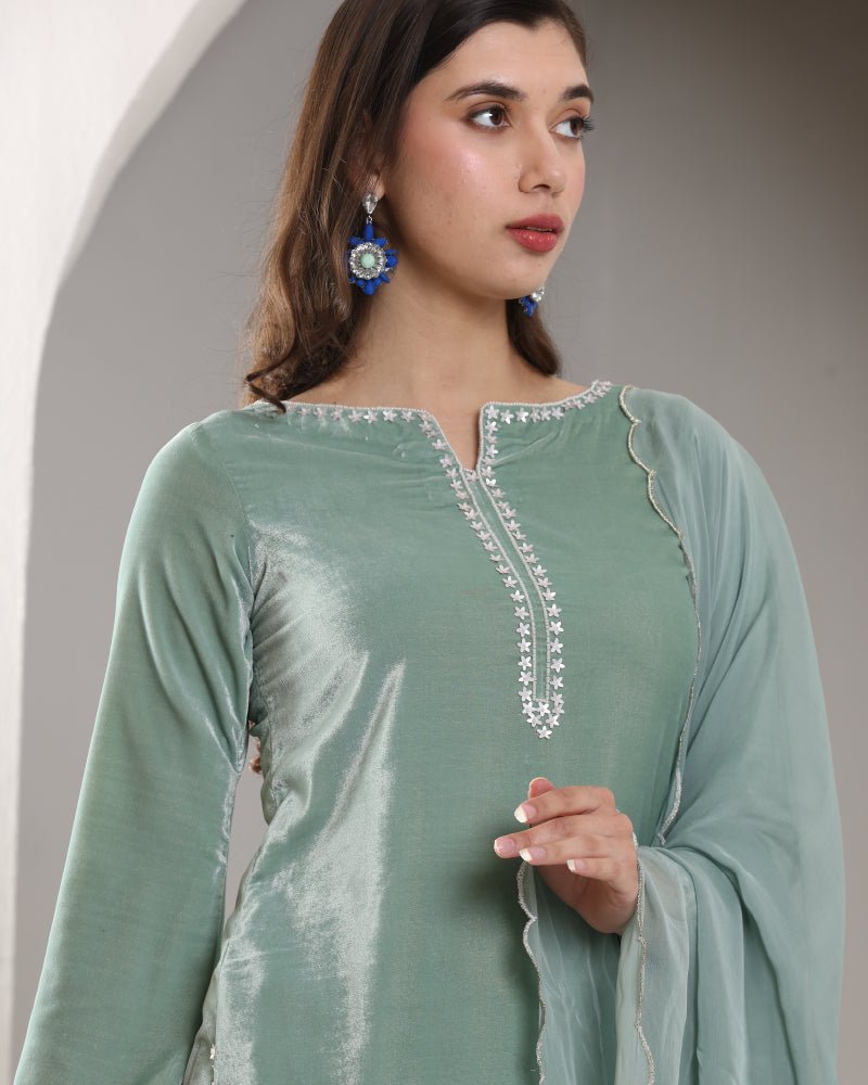 SAGE VELVET SET WITH SCALLOP DUPATTA