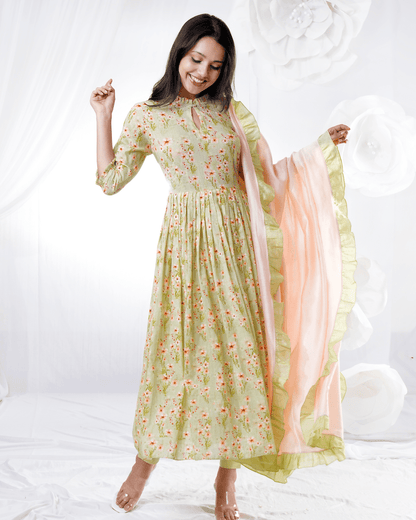 GREEN AND PEACH FLORAL KURTA PANT AND DUPATTA