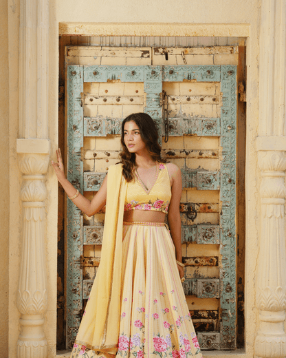 Misted Yellow Printed Lehenga