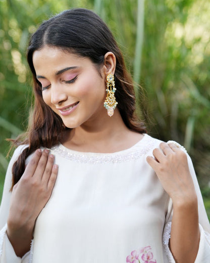 Printed off white kurta and dhoti with hand embroidered neck line and sleeves with ombre dupatta