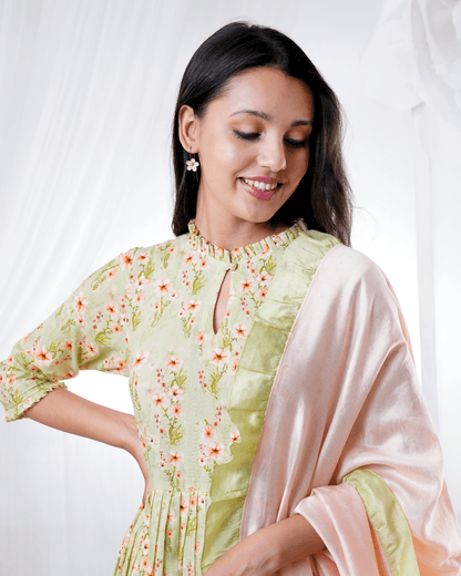 GREEN AND PEACH FLORAL KURTA PANT AND DUPATTA