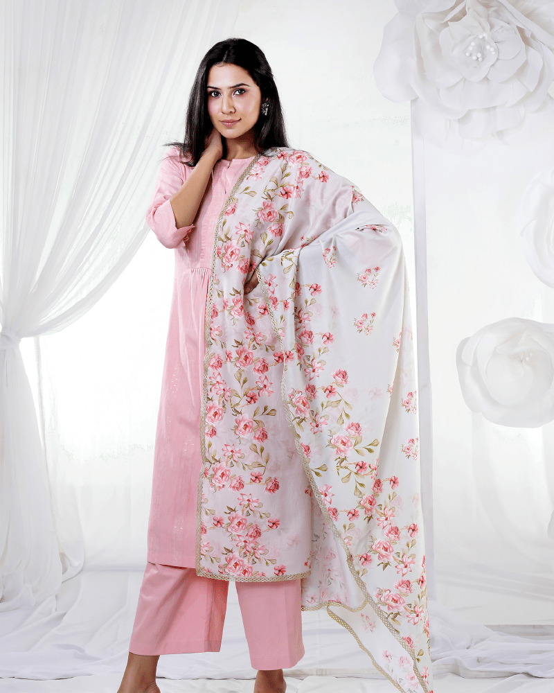 Peach Pleat Suit with ecru Peonie Floral Dupatta