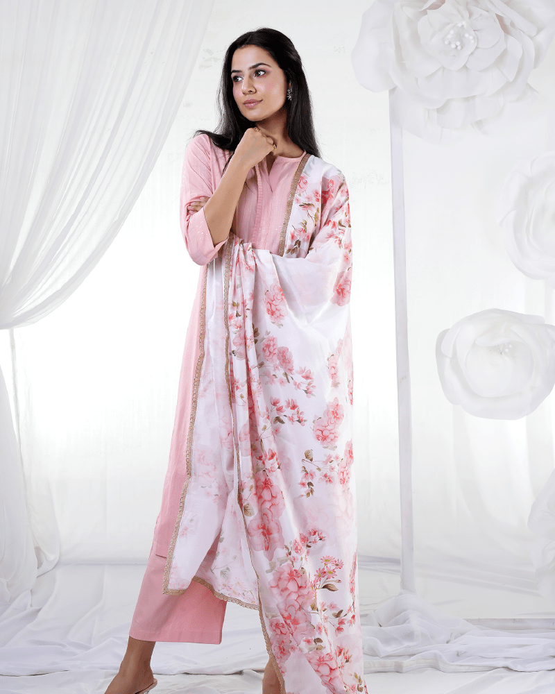 Peach Pleat Suit with Pristine and Pink Floral Dupatta