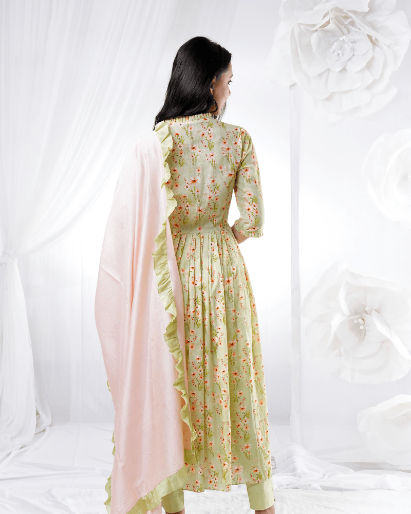 GREEN AND PEACH FLORAL KURTA PANT AND DUPATTA