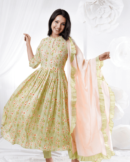 GREEN AND PEACH FLORAL KURTA PANT AND DUPATTA