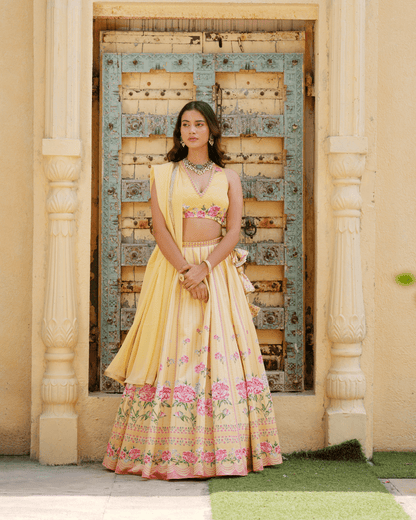 Misted Yellow Printed Lehenga