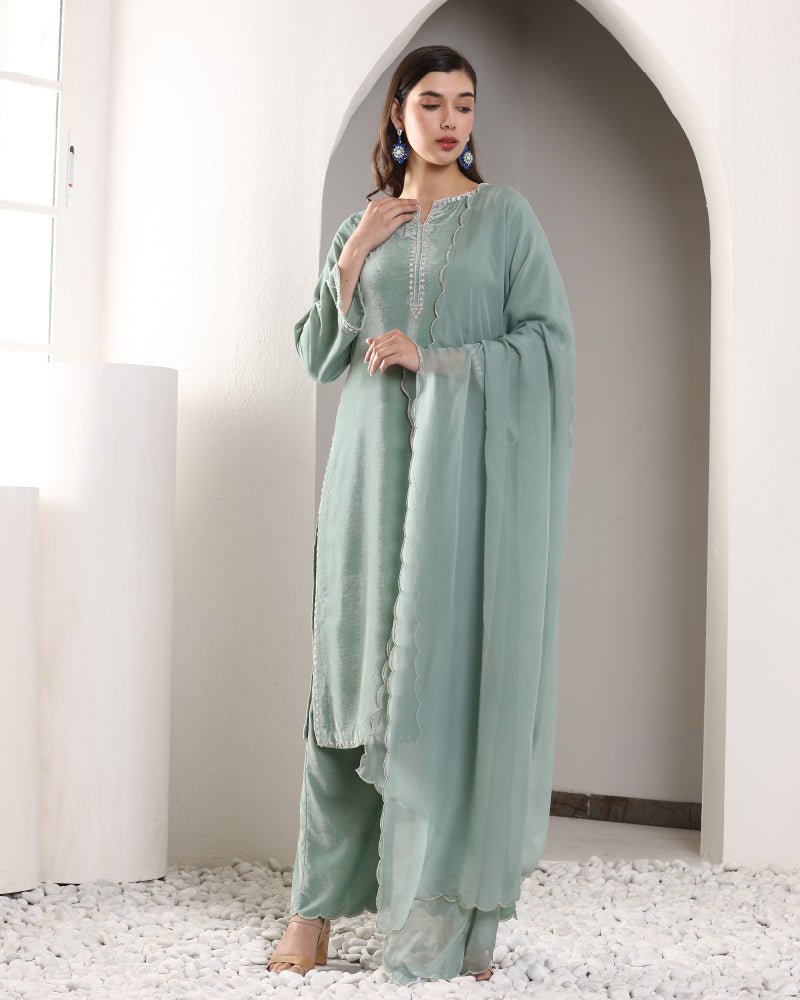 SAGE VELVET SET WITH SCALLOP DUPATTA