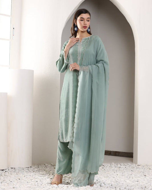 SAGE VELVET SET WITH SCALLOP DUPATTA