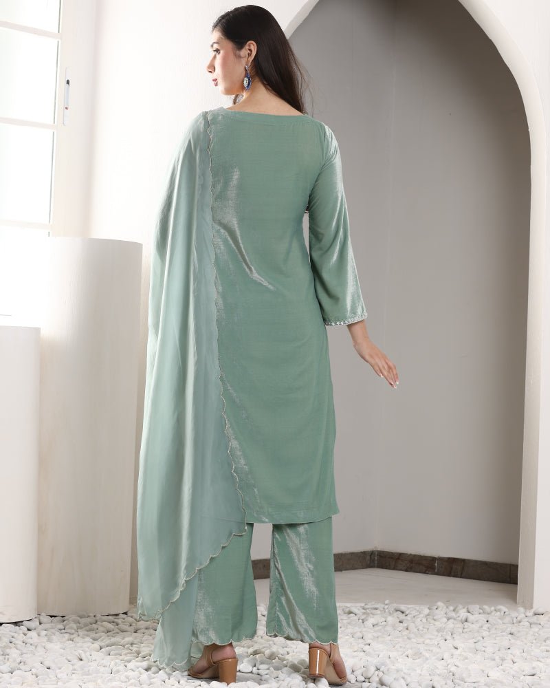 SAGE VELVET SET WITH SCALLOP DUPATTA