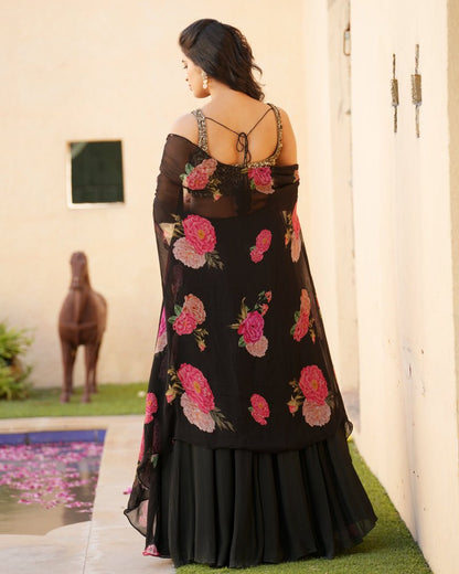 Black lehenga with sequins blouse and printed cape