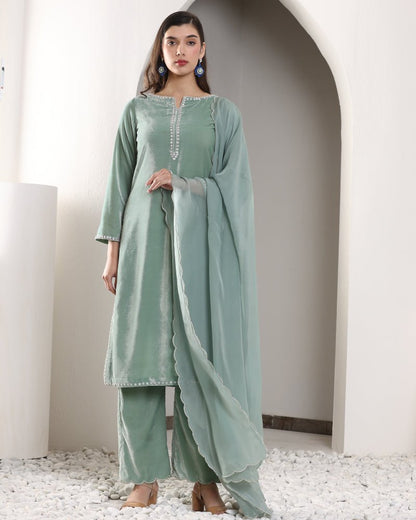 SAGE VELVET SET WITH SCALLOP DUPATTA