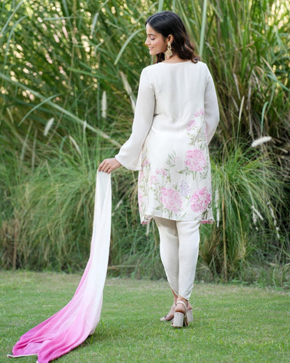 Printed off white kurta and dhoti with hand embroidered neck line and sleeves with ombre dupatta