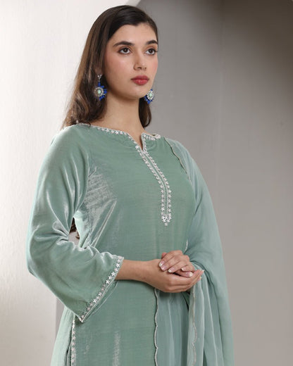 SAGE VELVET SET WITH SCALLOP DUPATTA