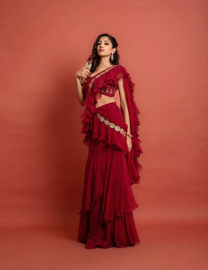 Marcella Embroidered Ruffle Ready to Wear Saree