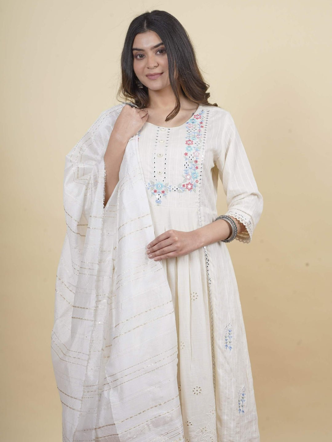 WHITE A-LINE COTTON SCHIFFALI KURTA SET DUPPATTA WITH INTRICATE EMBROIDERY