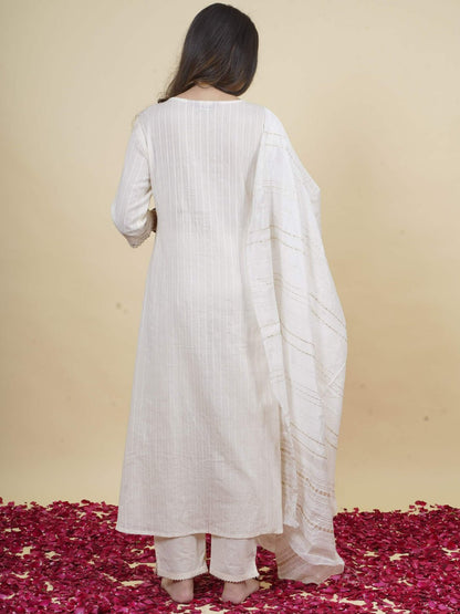 WHITE A-LINE COTTON SCHIFFALI KURTA SET DUPPATTA WITH INTRICATE EMBROIDERY