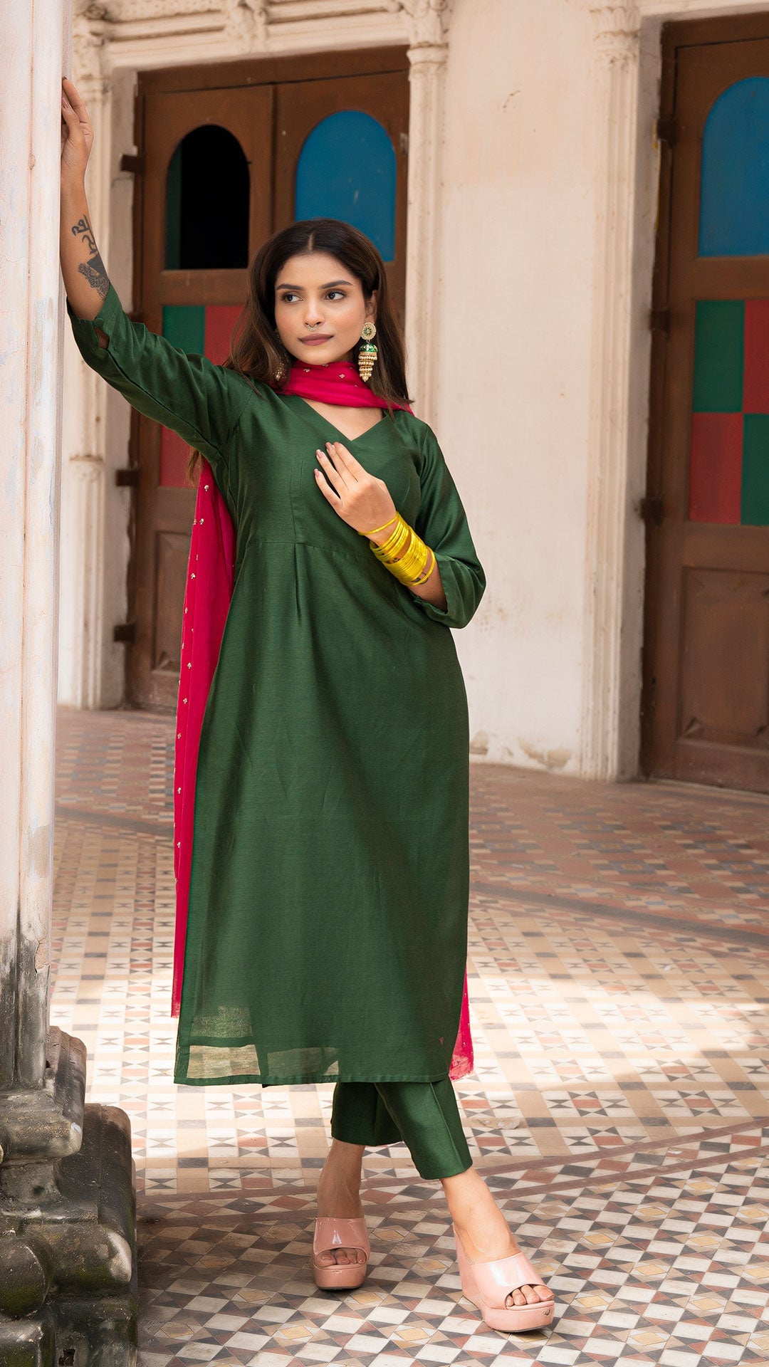 Eerum Chanderi Kurta Set in Green