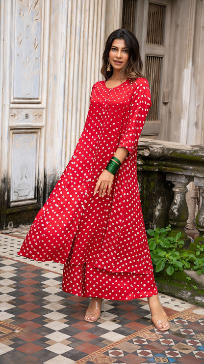 Bandhani Kurta Set In Silk - Red