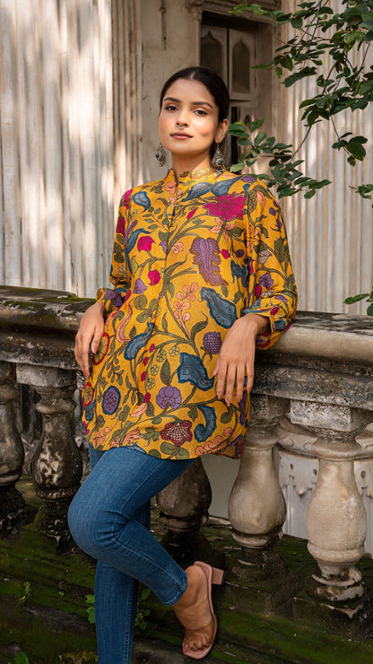 Mihika Kalamkari Short Top In Soft Silk - Mustard Yellow