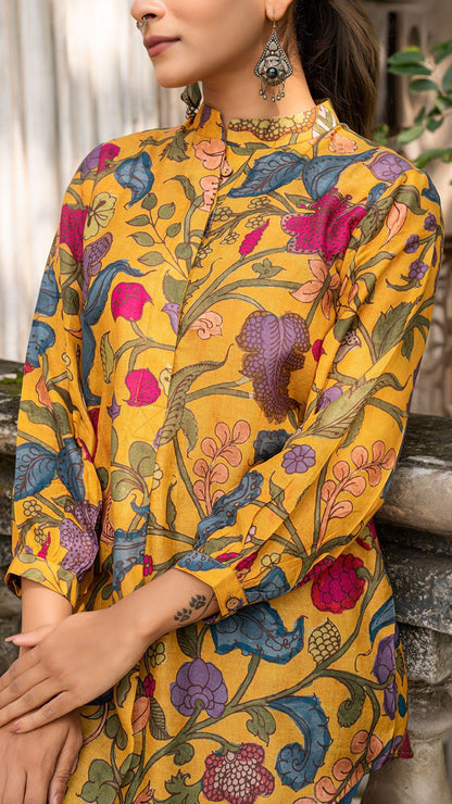 Mihika Kalamkari Short Top In Soft Silk - Mustard Yellow