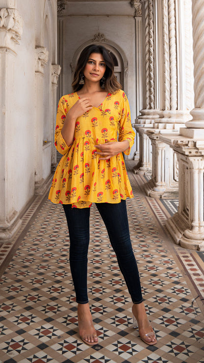 Lavanya Wrap Top In Soft Silk - Mango Yellow