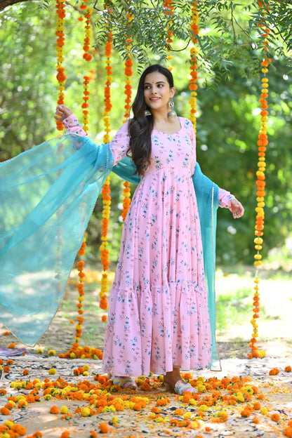 Pale Pink Floral Anarkali Suit