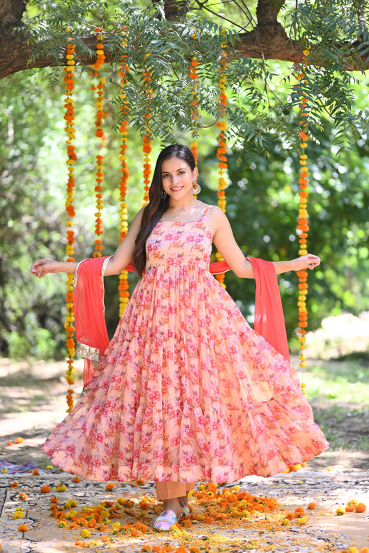 Peach floral Printed Anarkali