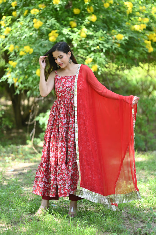 Rustic Red Handblock Printed Anarkali